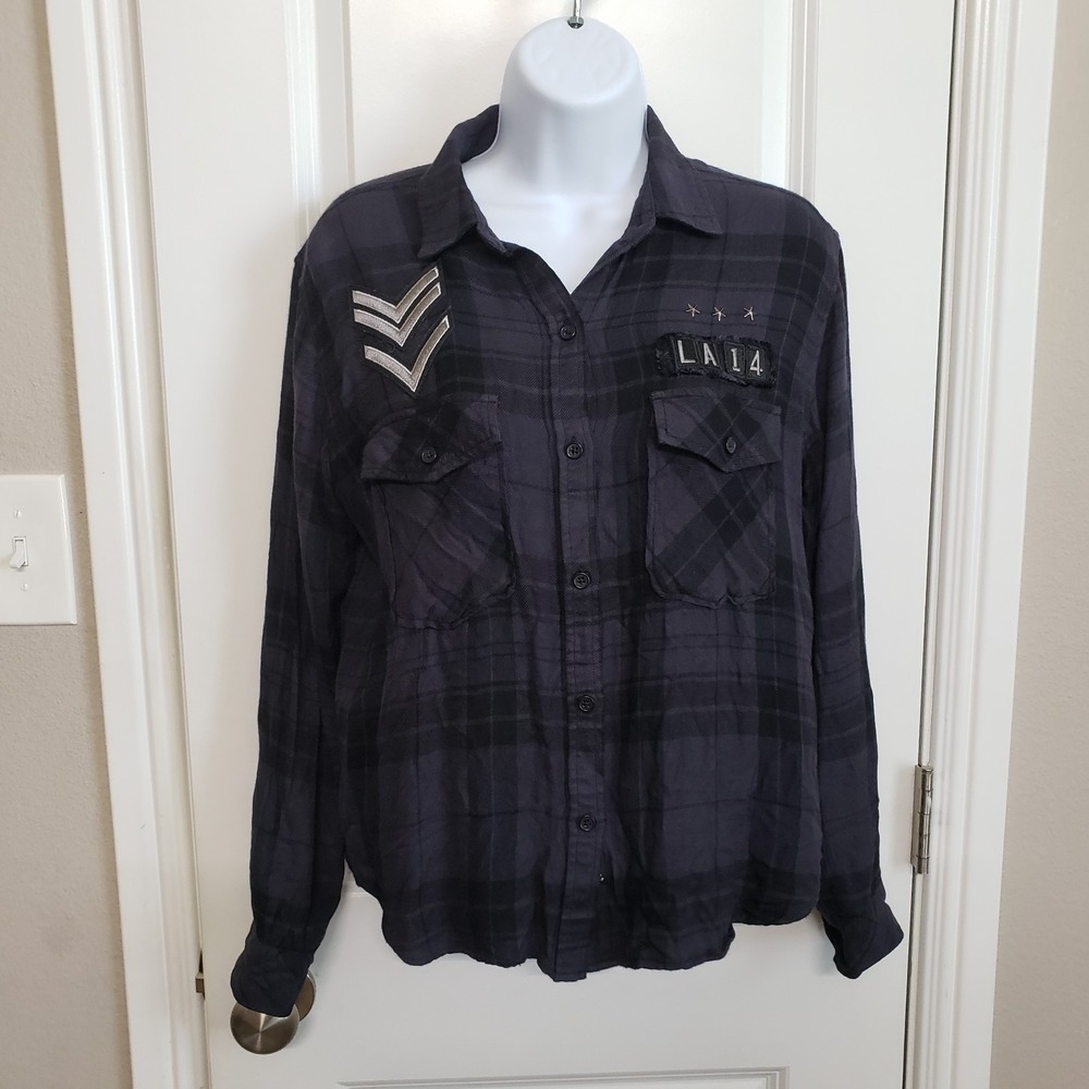 RAILS Pepper Shirt Military‎ Stripes Carbon Black Gray Plaid XS